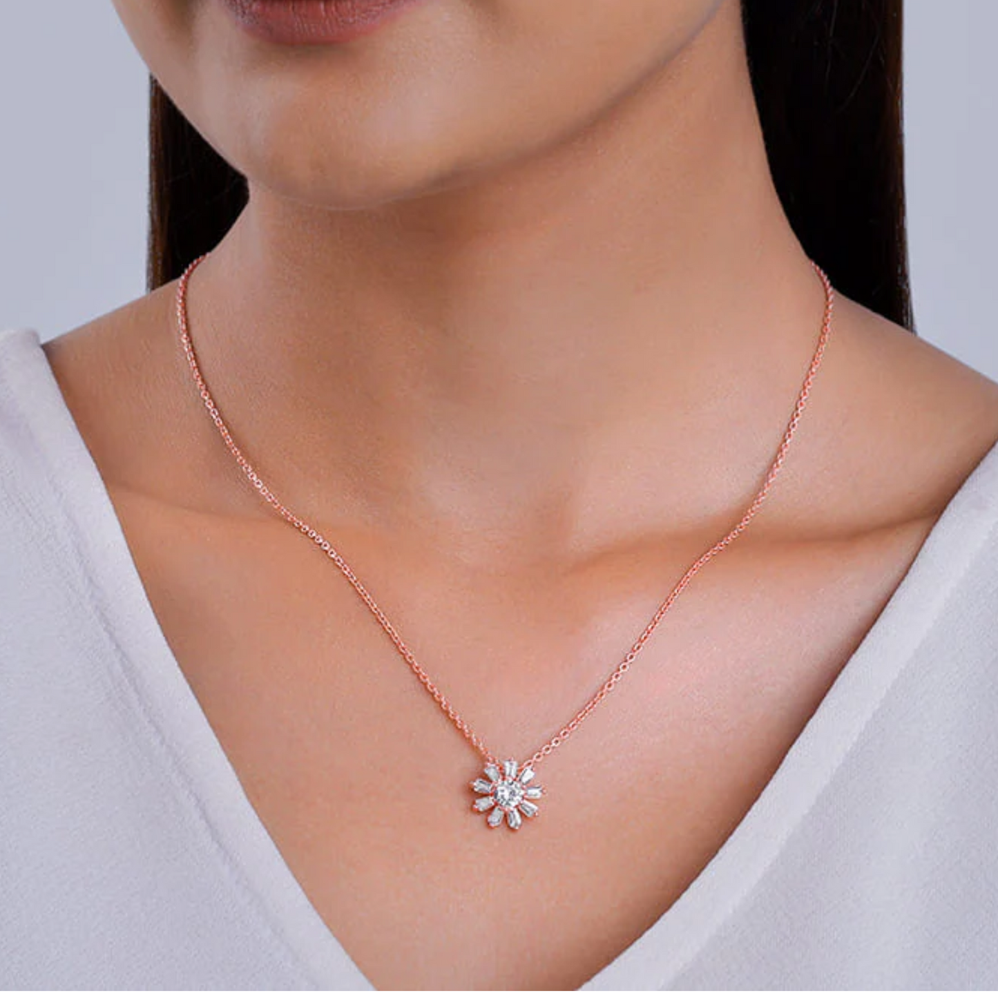 Rose Gold Baguette Flower 925 Silver Pendant